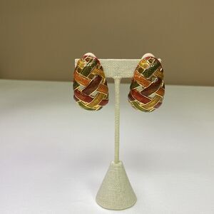 Les Bernard Enamel Clip Earrings Gold Green Orange Woven Lattice Chunky Vintage